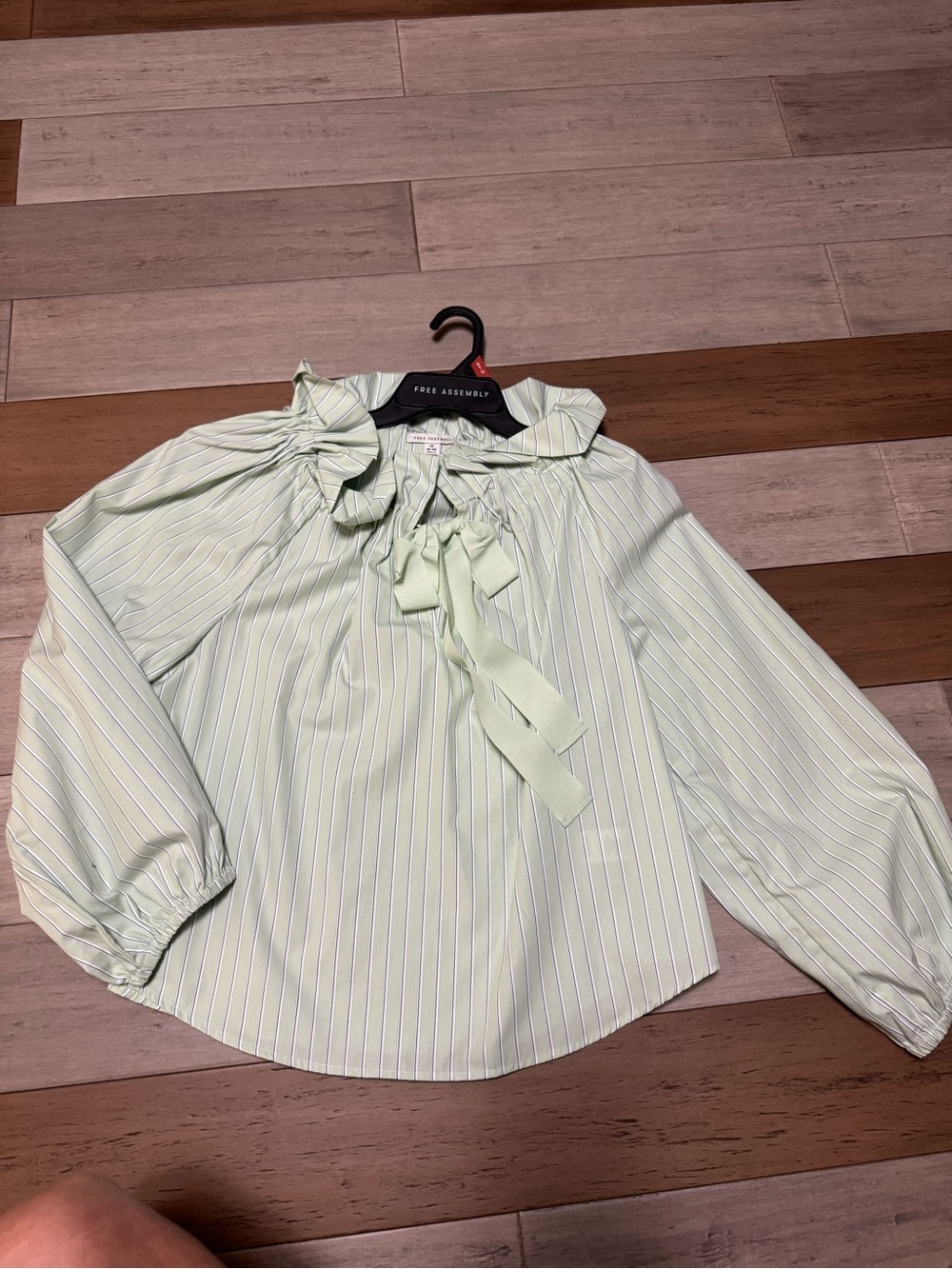 Ruffle-Neck Tie-Front Mint Green Striped Blouse